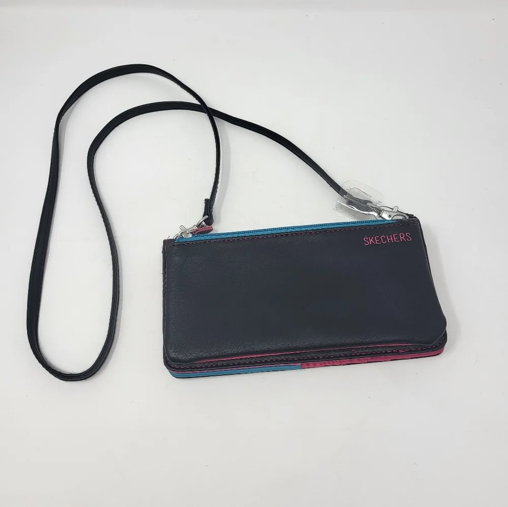 Skechers‎ Crossbody Detachable Straps Credit Card Holder Zip Pouch New Black